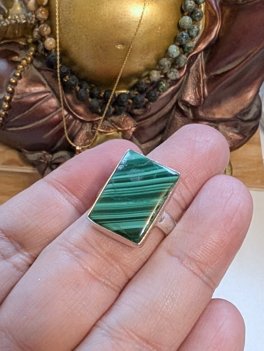 Vintage Green Malachite Rectangle Sterling Ring Size 8